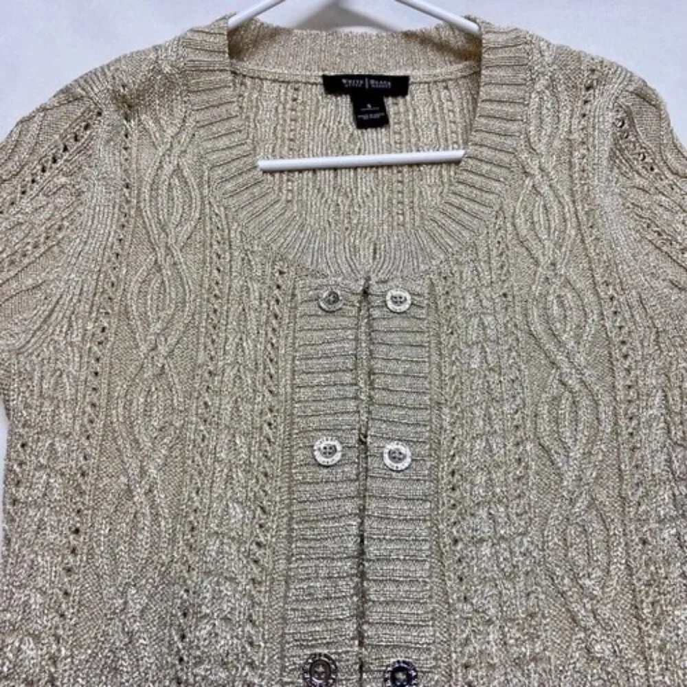 White House Black Market‎ Cardigan Sweater Women's Small Gold Metallic Knit EUC